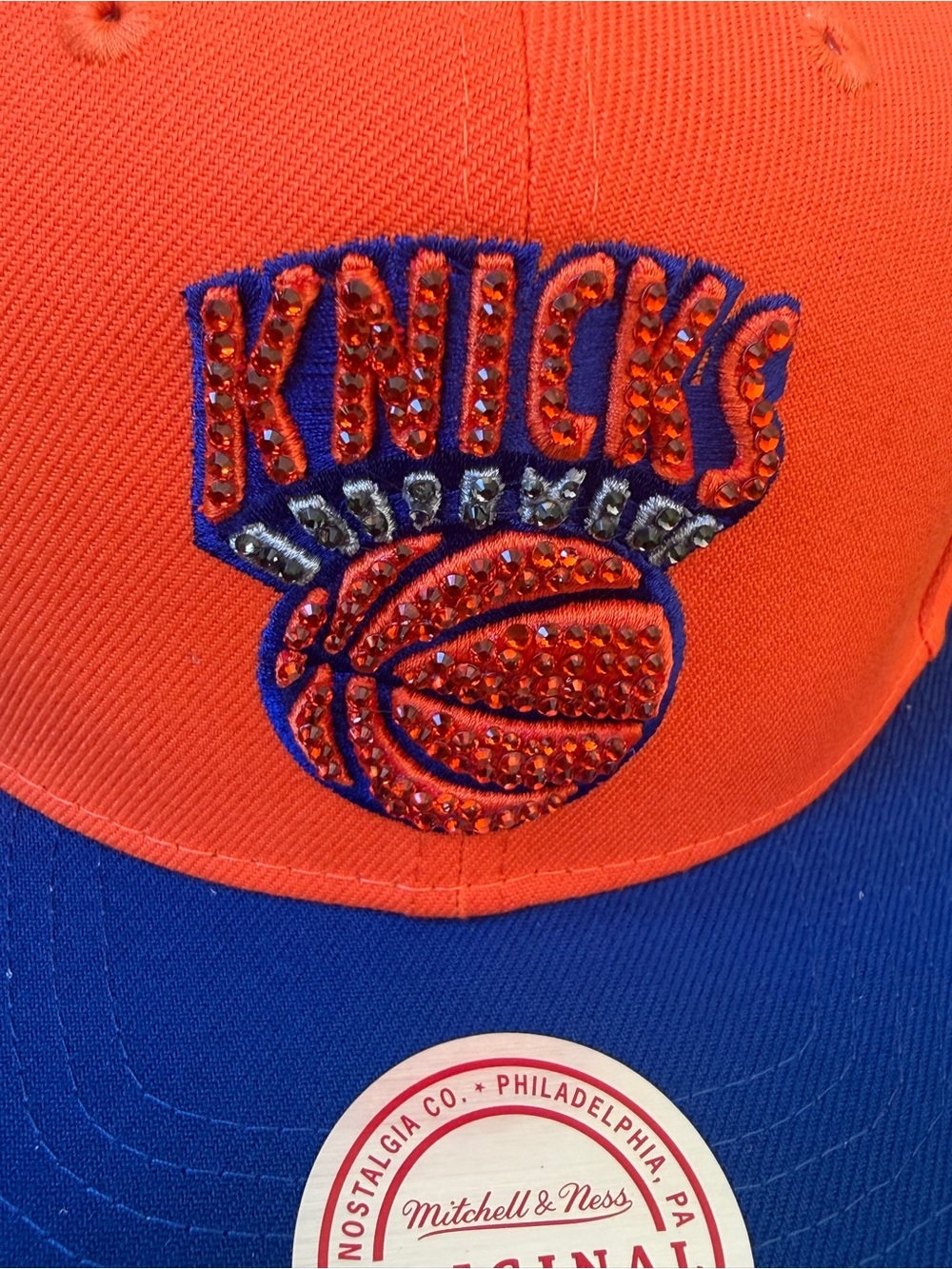 New York Knicks Orange & Blue Snapback Hat Rhinestone Bling Cap - Picture 5 of 8